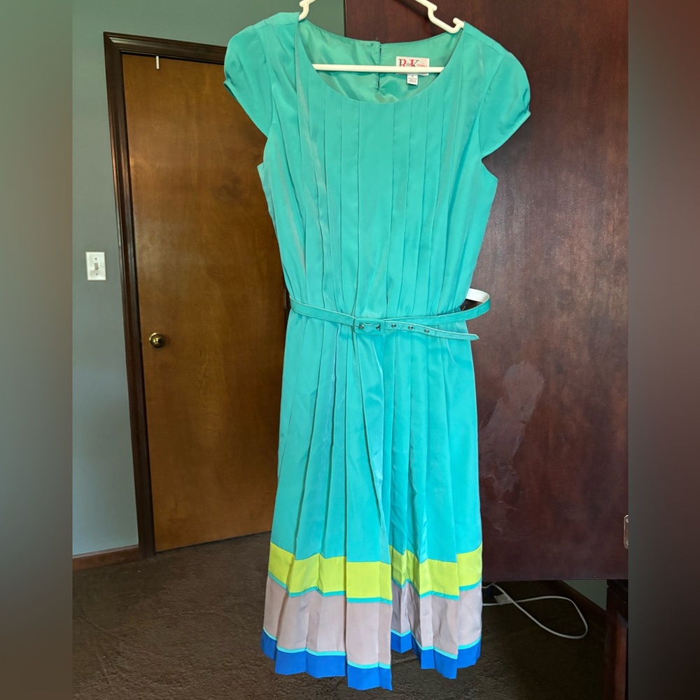 Teal Pleated Midi Sundress with Belt Front